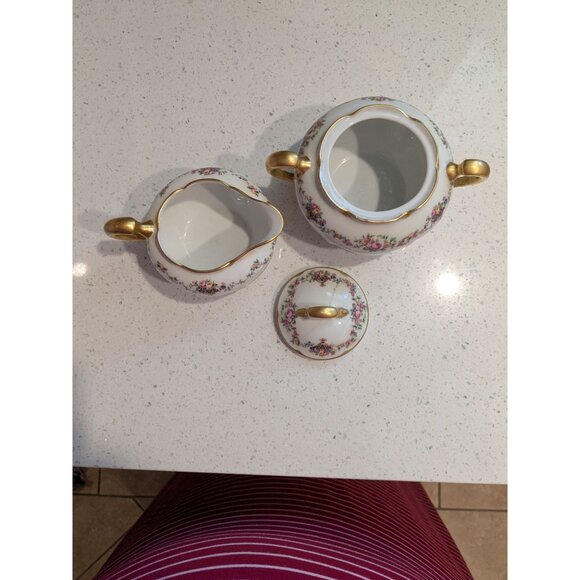 Haviland & Co Limoges Cream Sugar Bowl Gold Handles Bouquet Urn - Picture 12 of 16